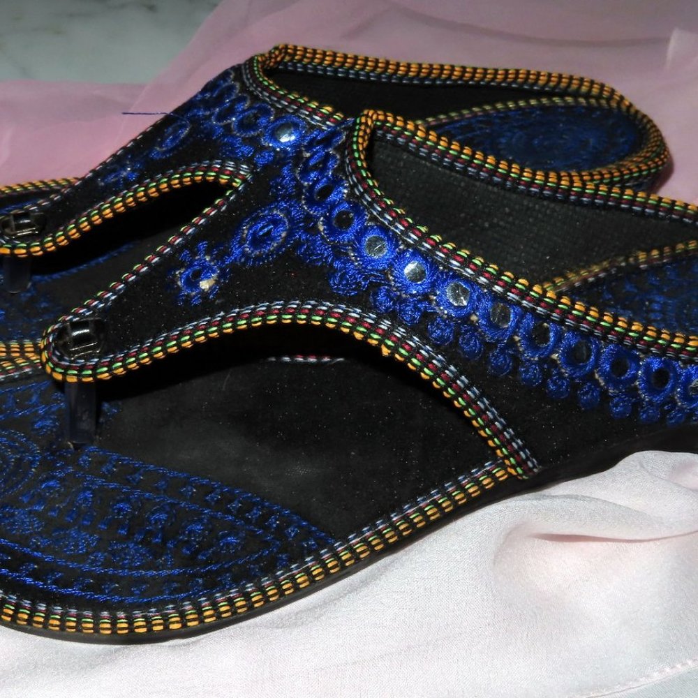 Women  2 Pr. Thong Sandals, Includes Blue Pair and a Red Pair, Indian Embroidery